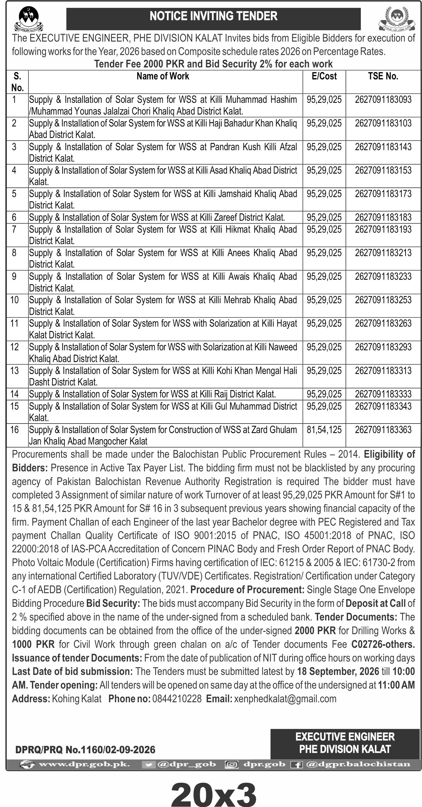 NOTICE INVITING TENDER
