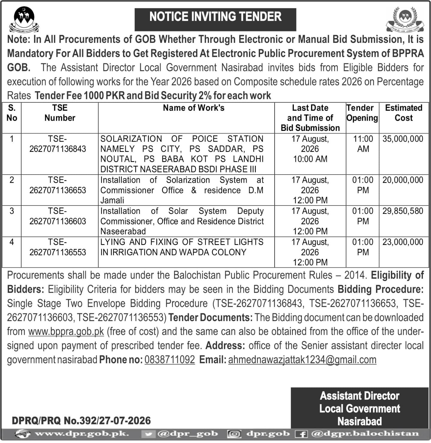 Notice Inviting Tender – Solarization & Street Light Projects in District Nasirabad (2026)
