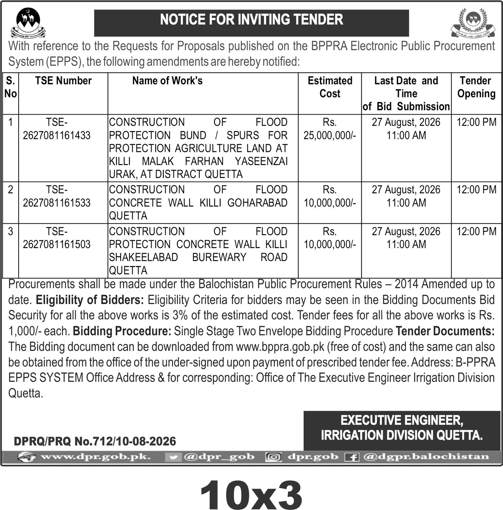 NOTICE FOR INVITING TENDER