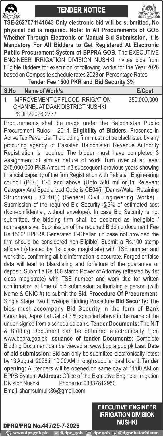 Tender Notice – Improvement of Flood Irrigation Channel at Daak, District Nushki (PSDP 2026)