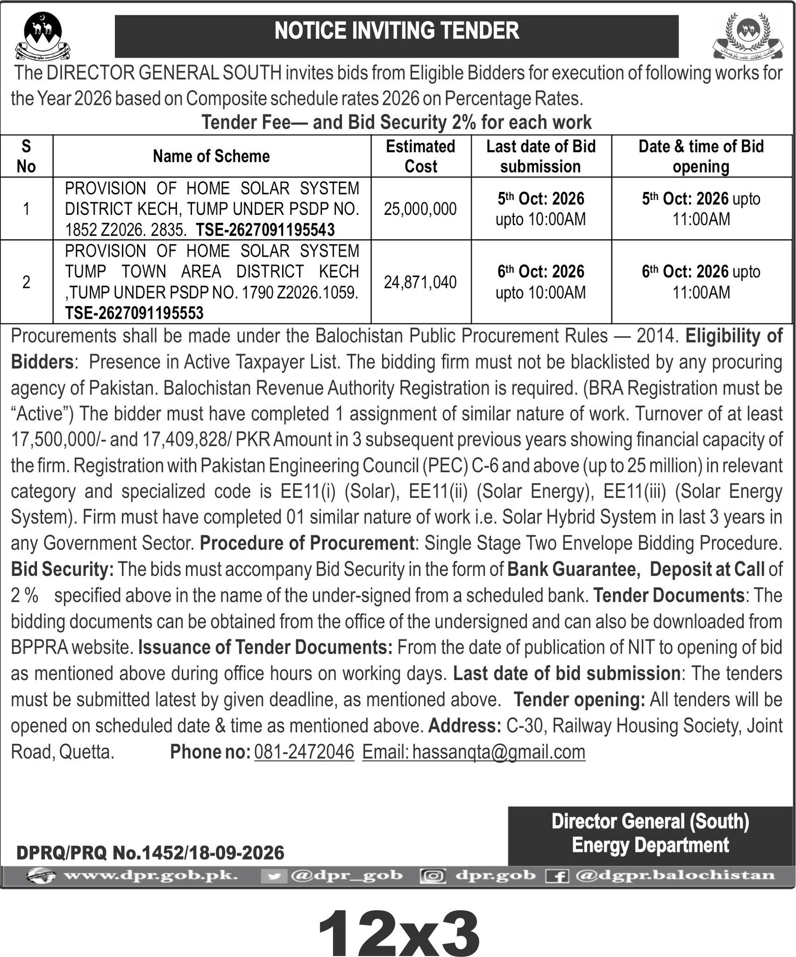 NOTICE INVITING TENDER