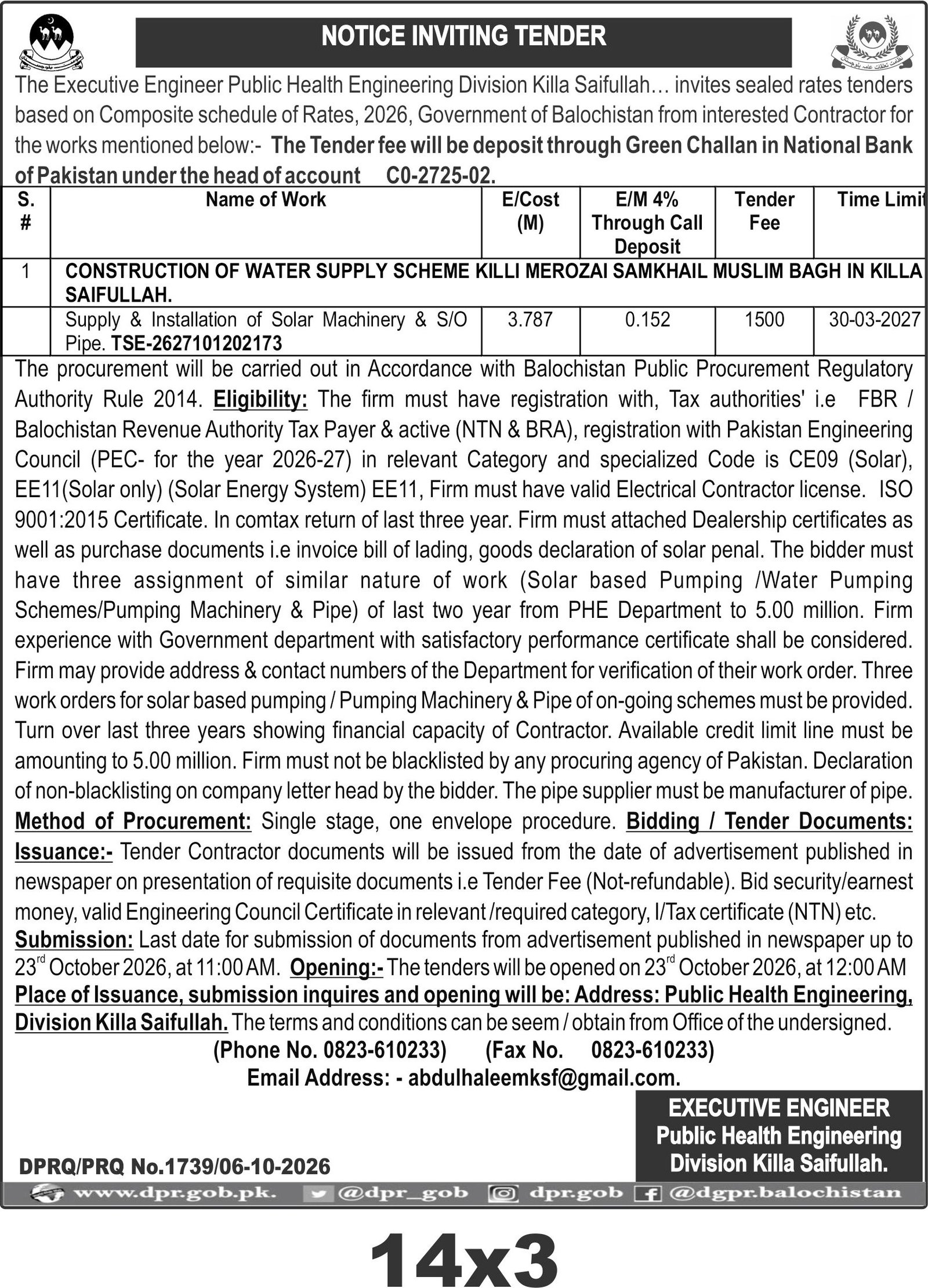 NOTICE INVITING TENDER