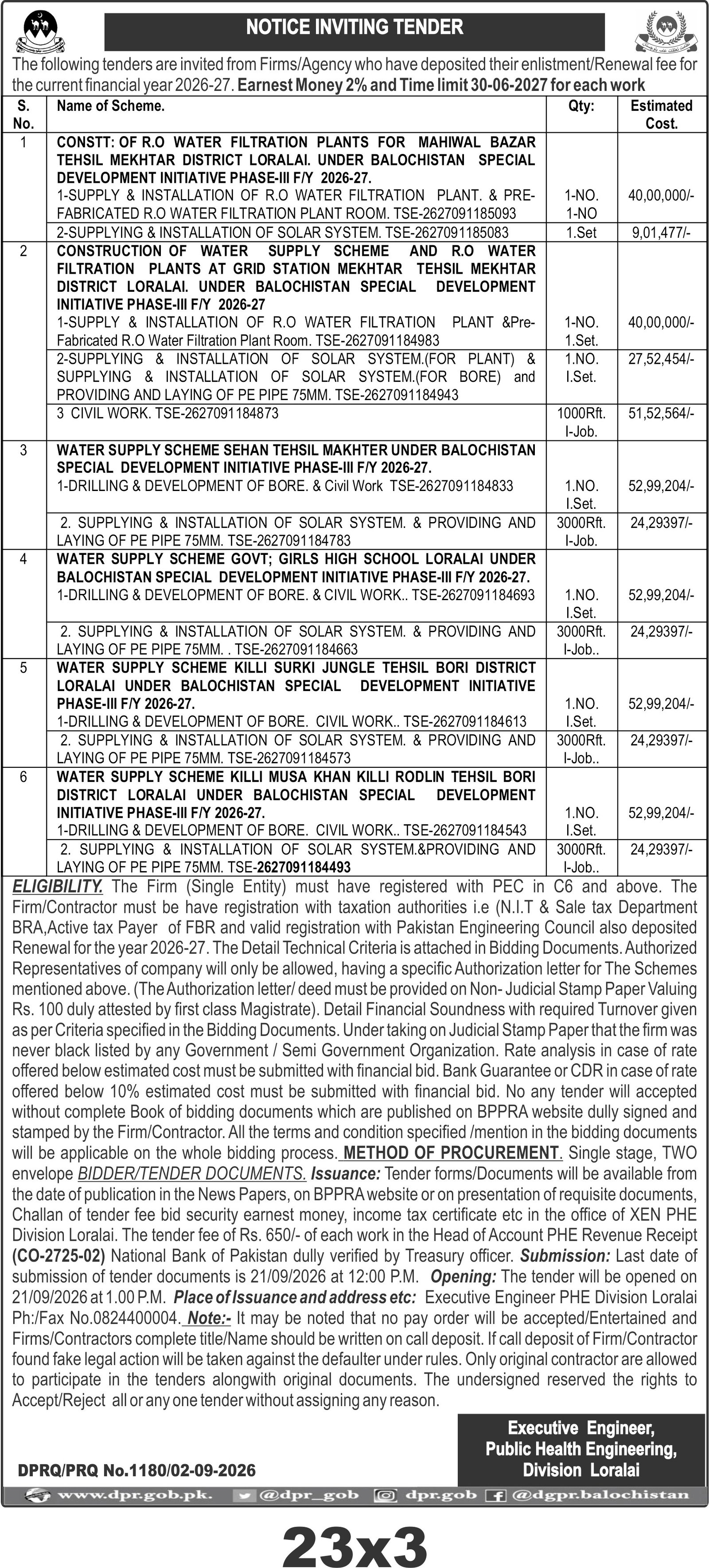 NOTICE INVITING TENDER