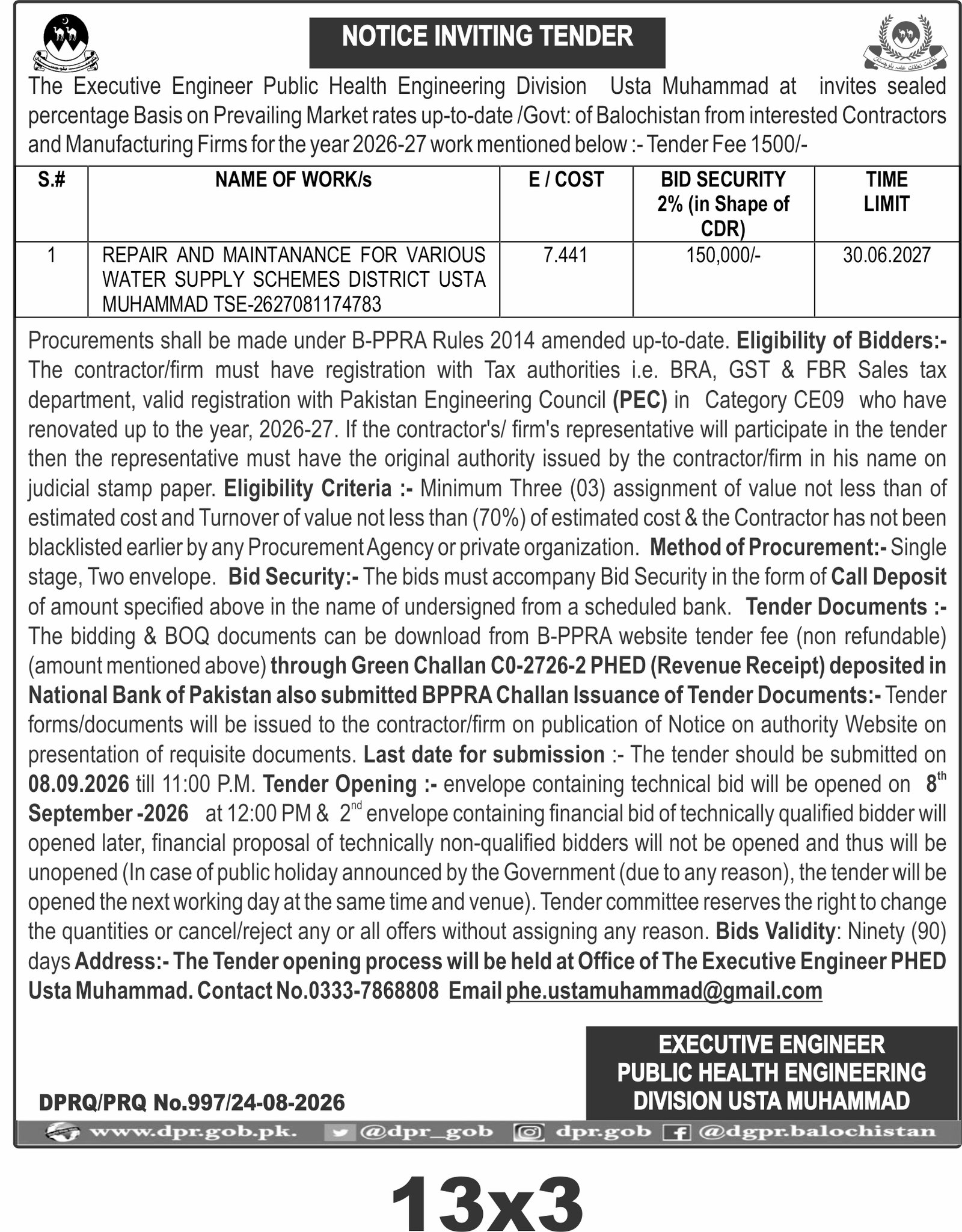 NOTICE INVITING TENDER